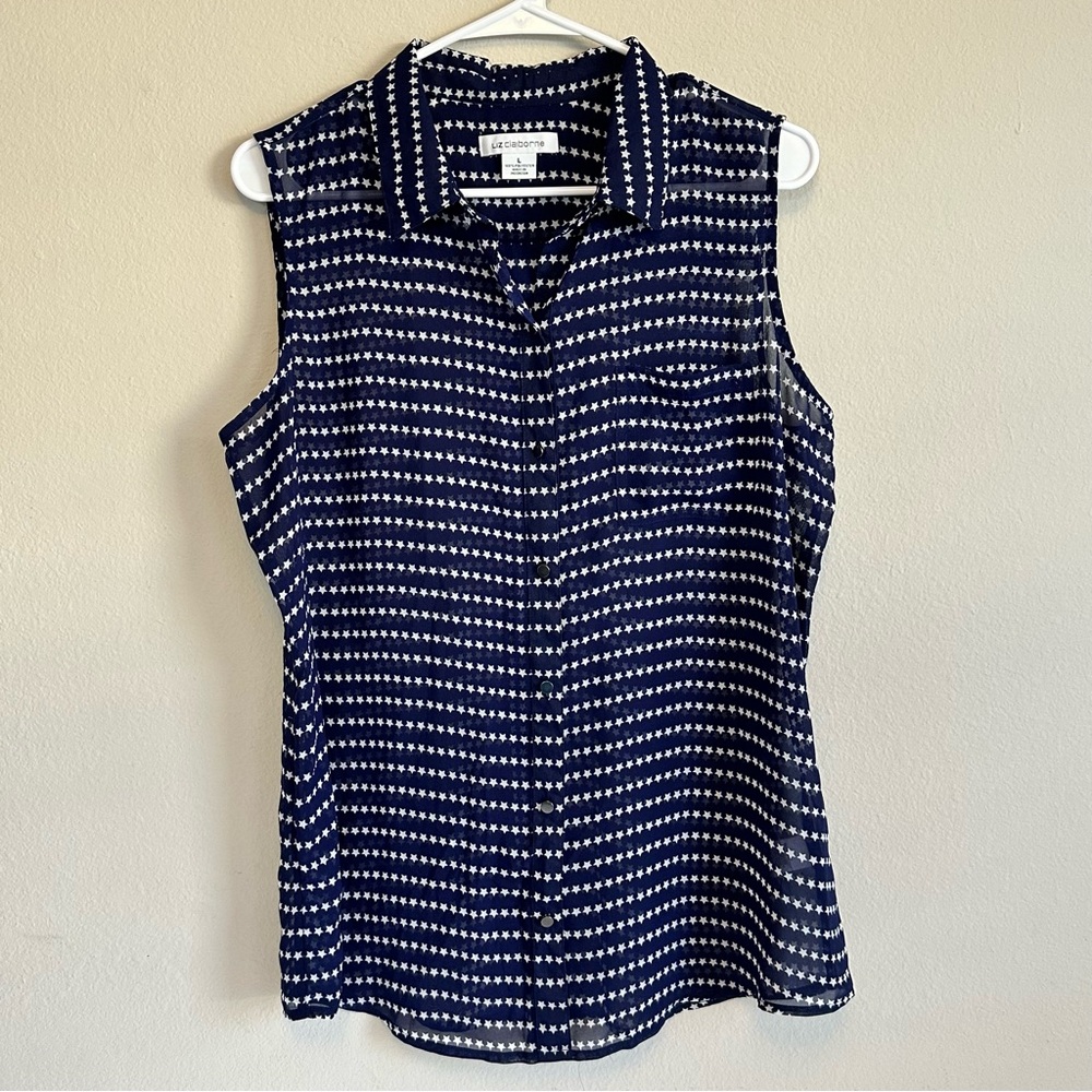 Semi Sheer Navy Sleeveless Top Blouse White Stars Large Americana Summer 4th